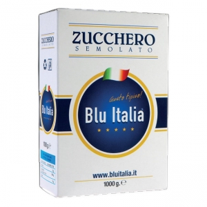 Azúcar blanco granulado en caja de 1 kg. Italia azul