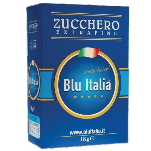 extra-fine white granulated sugar in 1 kg box. Blue Italy.