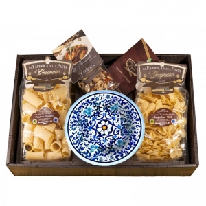 caja de regalo estilo 800 con plato hondo, pasta y condimento - la Fabbrica della Pasta di Gragnano. 
