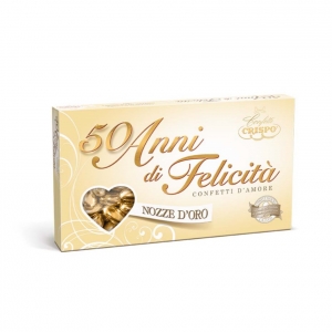 Confetti Crispo 50 years of Happiness sugared almond wrapped natural gold 500 Gr.