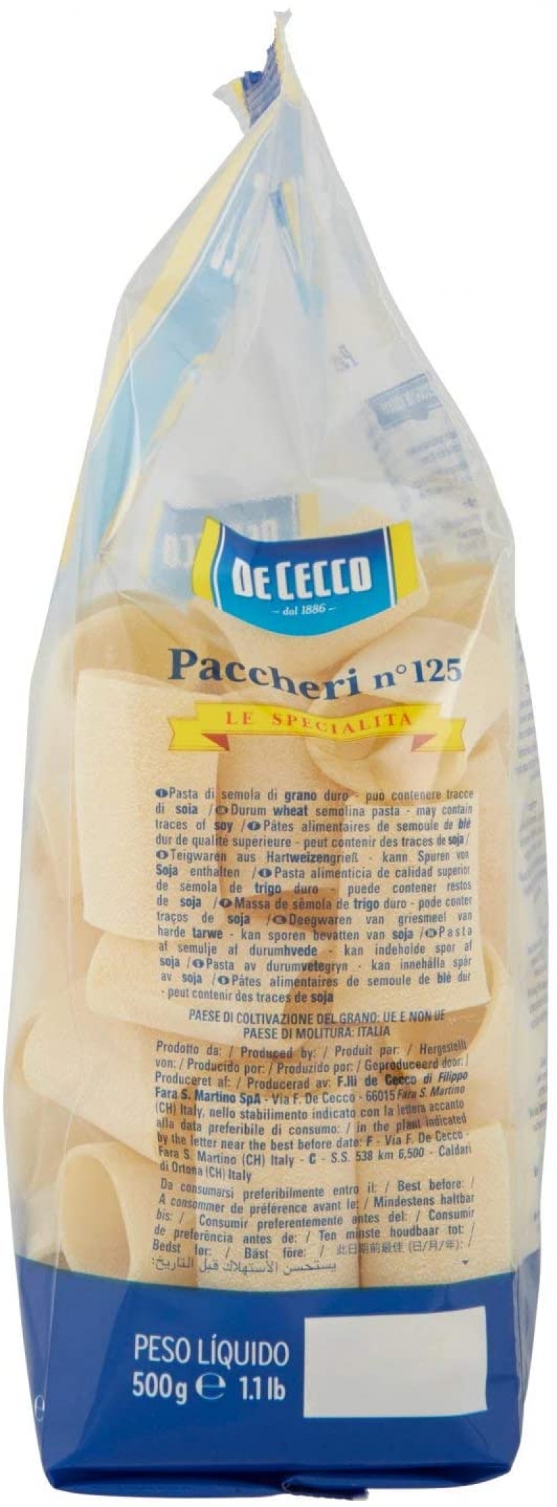 De Cecco Paccheri n. 125, 500G – Italian Gourmet FR